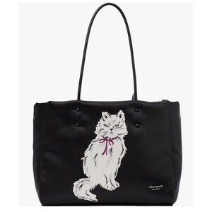 Kate Spade Whiskers White Cat Embellished Black Everything Tote Shoulder Bag NWT
